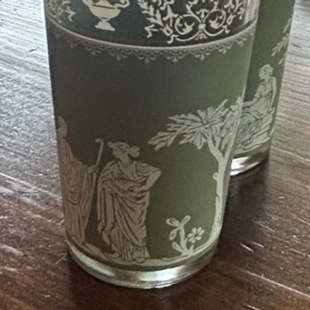 Vintage Greek Neoclassical Tumbler Set Green Cameo Glasses Jasperware Style‎ 90s